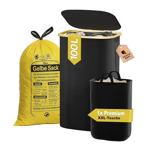 heimora Gelber Sack Ständer 100L mit Deckel & Waschbarem XXL-Innenbeutel – Premium Müllsackhalter für Küche & Haushalt – Stabiler Gelber Sack Mülleimer zur Abfalltrennung (Schwarz) von heimora