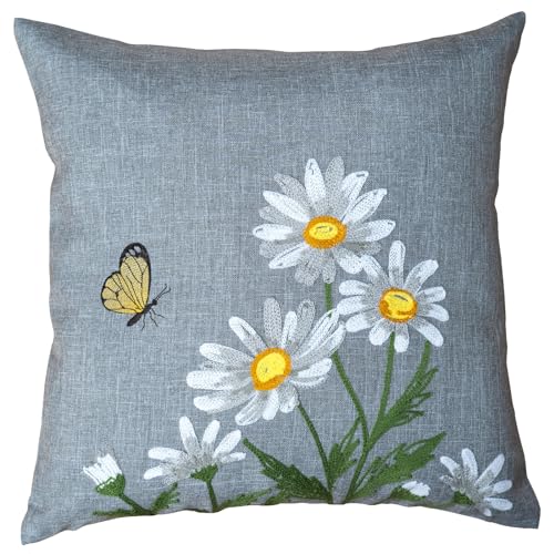 Dekokissen Leinen-Optik Bestickt Deko Esszimmer Serie Margariten Blumen Kissen Bezug grau Stickerei Schmetterling Sofakissen Frühling Typ886 Kissenhülle 40x40 cm weiß gelb von heimtexland