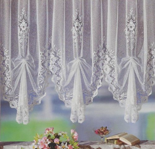 heimtexland Gardine, Hochraff-Store mit Universalschienenband (Kräuselband), 175cm hochgerafft x 5 Bögen für Dekobreite 250-290cm, Weiß, Klassisch mit Blumenmuster, 1 Stück, Vorhang Typ10 von heimtexland