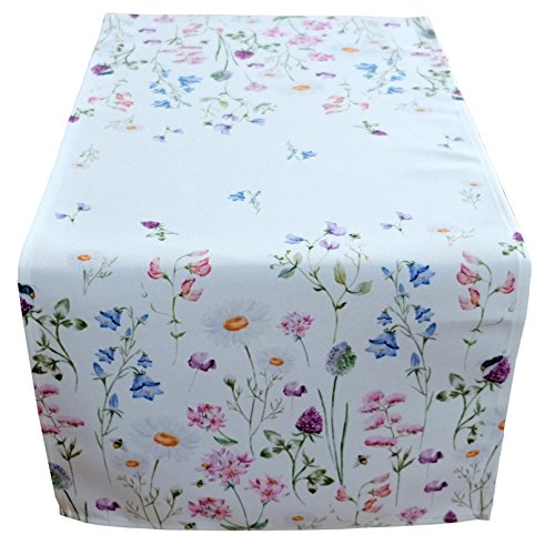 heimtexland ® Tisch Dekoration Serie Blumen Weiß Bunt Tischdecke Tischläufer 40x90 Blumenwiese Mehrfarbig Typ520 von heimtexland