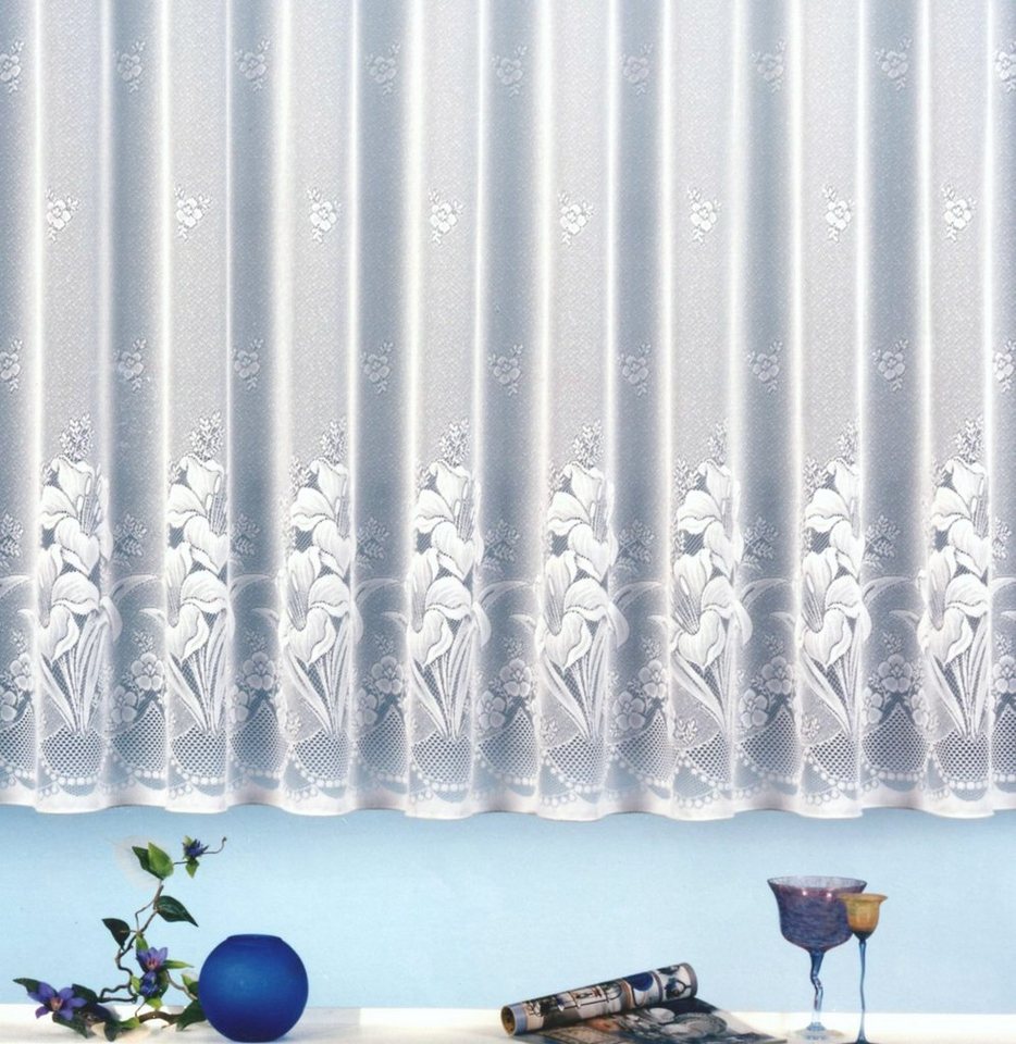 heimtexland Gardine Jacquard Stores Gardine Blumen weiß Fertigstore, Kräuselband (1 St), transparent, Jacquard, Kräuselband für Wunschbreite I Bleiband für schönen Fall von heimtexland