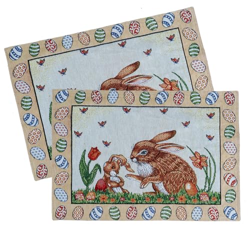 Gobelin Tischset 2er Pack Ostern Tischdeko mit Baumwolle Osterdeko Untersetzer Esstisch Deko Landhaus Typ884 Platzsets 33x46 cm Hasen Mama von heimtexland