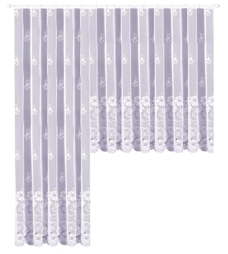 Heimtexland Gardine Store weiß Jacquard halbtransparent Blumen Bordüre gebogt Kräuselband Vorhang Typ318 Kurzstore HxB 90 x 450 cm für Fensterbreite 140-180 cm von heimtexland