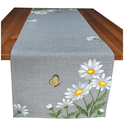 Läufer Tischdecke Leinen-Optik Bestickt Deko Esszimmer Serie Margariten Blumen Tischwäsche grau Stickerei Schmetterling Tischband Frühling Typ886 Tischläufer 40x140 cm weiß gelb von heimtexland