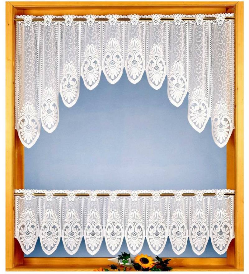 heimtexland Scheibengardine Jacquard C-Bogen Set 2-teilig Bistrogardine Ranke, Stangendurchzug (2 St), halbtransparent, Jacquard, gebogte mit Blumen Bordüre I individuell dekorierbar von heimtexland