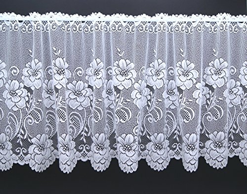 Scheibengardine aus hochwertigem Jacquard mit Blumen in rein weiß Panneaux mit gebogter Kante - auch als Store erhältlich - Bistrogardine Rosen Bordüre Gardine Typ318 HxB 30x145 cm von heimtexland