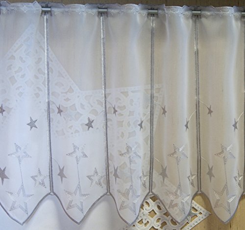 Scheibengardine nach Maß edel bestickt mit Sternen in silber - Höhe 45 cm - Breite der Gardine durch Stückzahl in 32 cm Schritten wählbar - Weihnachtsgardine Stern Bistro mit Spitze Fensterbild Weihnachten Sterne Typ302 Scheibengardine nach Maß edel bestickt mit Sternen in silber - Höhe 45 cm - Breite der Gardine durch Stückzahl in 32 cm Schritten wählbar - Weihnachtsgardine Stern Bistro mit Spitze Fensterbild Weihnachten Sterne Typ302 von heimtexland