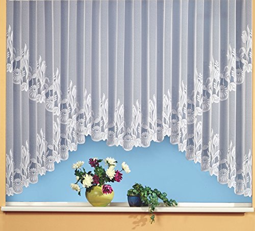 heimtexland® Rundkuvert-Bogen Store Gardine Jacquard weiß transparent Kräuselband Vorhang mit Blumen Borte Gebogt Oekotex Typ69 Höhe x Breite 145x750 cm von heimtexland
