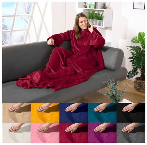 heimtexland ® Ärmeldecke TV Kuscheldecke mit Ärmeln Taschen Fußsack Super Soft Flanell tragbare Decke Ganzkörperdecke Typ870 Bordeaux Rot 200x170 cm von heimtexland