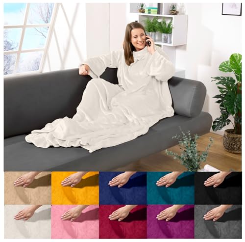 heimtexland ® Ärmeldecke TV Kuscheldecke mit Ärmeln Taschen Fußsack Super Soft Flanell tragbare Decke Ganzkörperdecke Typ870 Creme 200x170 cm von heimtexland