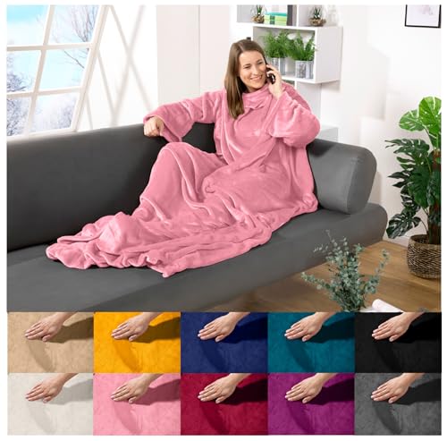 heimtexland ® Ärmeldecke TV Kuscheldecke mit Ärmeln Taschen Fußsack Super Soft Flanell tragbare Decke Ganzkörperdecke Typ870 Rosa 200x170 cm von heimtexland