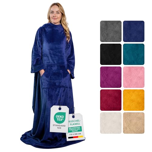 heimtexland ® Ärmeldecke TV Kuscheldecke mit Ärmeln Taschen Fußsack Super Soft Flanell tragbare Decke Ganzkörperdecke Typ870 Royalblau 200x170 cm von heimtexland