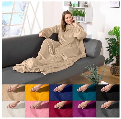 heimtexland ® Ärmeldecke TV Kuscheldecke mit Ärmeln Taschen Fußsack Super Soft Flanell tragbare Decke Ganzkörperdecke Typ870 Sand 180x150 cm von heimtexland