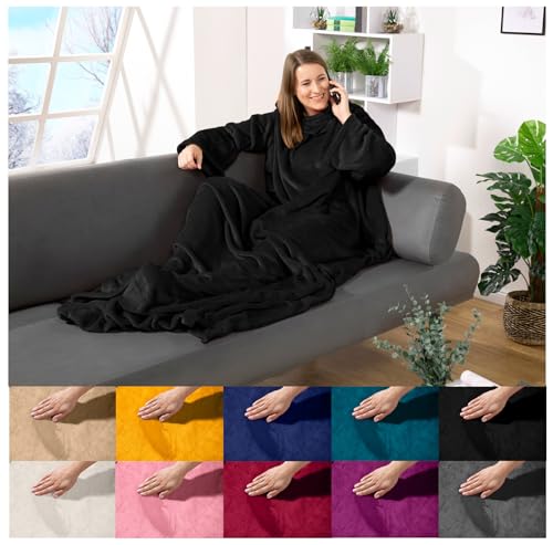 heimtexland ® Ärmeldecke TV Kuscheldecke mit Ärmeln Taschen Fußsack Super Soft Flanell tragbare Decke Ganzkörperdecke Typ870 Schwarz 200x170 cm von heimtexland