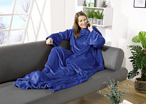 heimtexland ® Ärmeldecke TV Thermodecke mit Ärmeln und Taschen Sofadecke Ganzkörperdecke Kuscheldecke Flanell Weich und Wärmend Decke Typ848 Blau LxB 180 x 150 cm von heimtexland