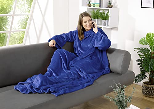 heimtexland ® Ärmeldecke TV Thermodecke mit Ärmeln und Taschen Sofadecke Ganzkörperdecke Kuscheldecke Flanell Weich und Wärmend Decke Typ848 Blau LxB 200 x 170 cm von heimtexland