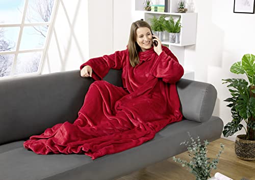 heimtexland ® Ärmeldecke TV Thermodecke mit Ärmeln und Taschen Sofadecke Ganzkörperdecke Kuscheldecke Flanell Weich und Wärmend Decke Typ848 Rot LxB 180 x 150 cm von heimtexland