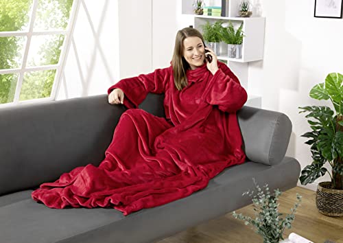heimtexland ® Ärmeldecke TV Thermodecke mit Ärmeln und Taschen Sofadecke Ganzkörperdecke Kuscheldecke Flanell Weich und Wärmend Decke Typ848 Rot LxB 200 x 170 cm von heimtexland