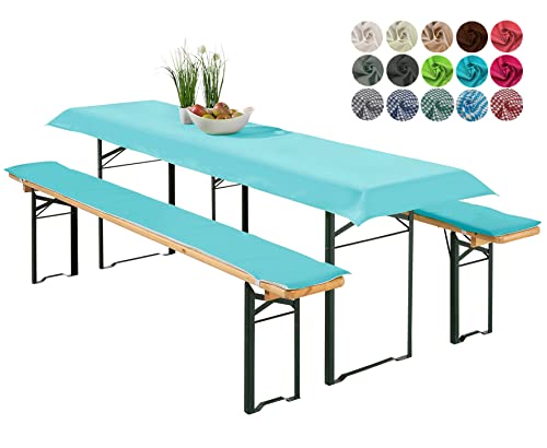 heimtexland ® Bierzeltgarnitur Auflagen Set 3-teilig Tischdecke Bierbankauflage Polster Kissen Biergarnitur Typ698 Aqua für Tischmaß 50x220 cm von heimtexland