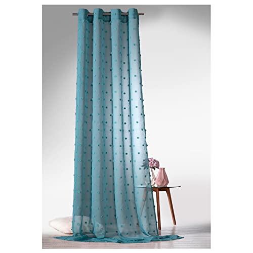 heimtexland ® Boho Vorhang Leinen Optik Transparent Deko Pompoms Ösenschal Gardine Typ764 (Dunkelpetrol, HxB 245 x 135 cm) von heimtexland