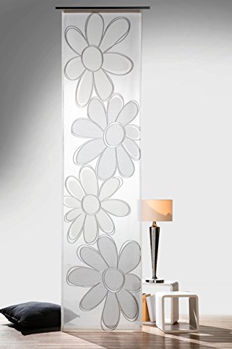 heimtexland ® Flächenvorhang Blume auf Natur Batist gewebt inkl. Zubehör 60 x 245 cm in anthrazit grau halbtransparent ..passt an Jede Schiene Schiebegardine Gardine Ökotex Typ569 von heimtexland