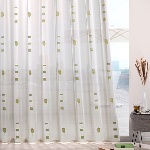 heimtexland ® Gardinen Store Web Scherli Smokband Vorhang halbtransparent Bleiband Webstore Fertiggardine Tulpe Natur Typ874 Grün HxB 175x375 cm von heimtexland