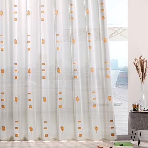 heimtexland ® Gardinen Store Web Scherli Smokband Vorhang halbtransparent Bleiband Webstore Fertiggardine Tulpe Natur Typ874 Terra HxB 245x500 cm von heimtexland