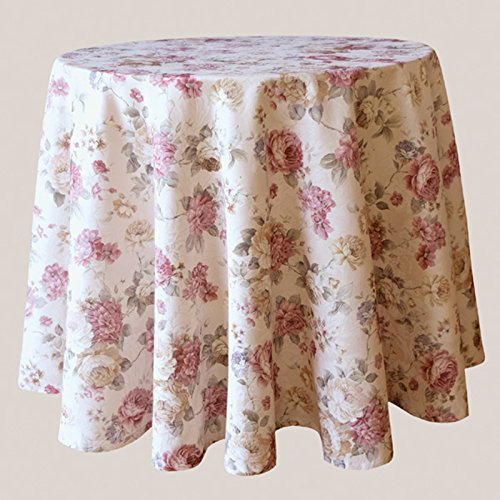heimtexland ® Landhaus Rosen Tischdecke rund in 170 cm aus hochwertigem Jacquard in Creme rosé mit Blumen Druck Rose - Garten Country Chic Typ442 von heimtexland