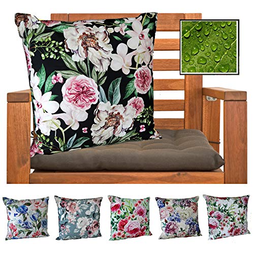 heimtexland ® Outdoorkissen Dekokissen Schmutz- und Wasserabweisend Vintage Garten Outdoor Kissen Blumen Schwarz Typ675 von heimtexland