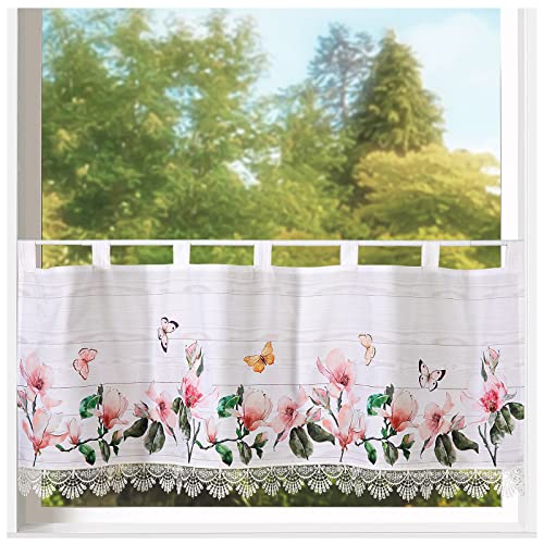 heimtexland ® Scheibengardine Blumen Gardine Digitaldruck HxB 45x120 Fensterdekoration Blickdicht Oekotex Typ789 Kirschblüte Ecru von heimtexland