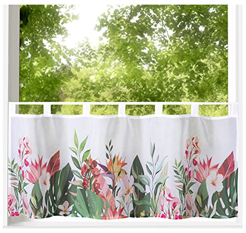 heimtexland ® Scheibengardine Blumen Gardine Digitaldruck HxB 45x120 Fensterdekoration Oekotex Bistrogardine Palmblatt Typ789 Tropical Bunt von heimtexland