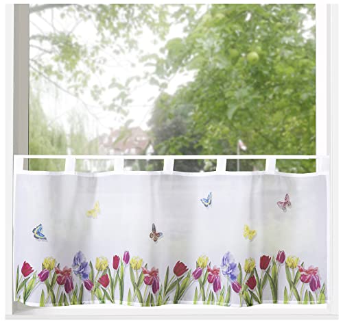 heimtexland ® Scheibengardine Blumen Gardine Digitaldruck HxB 45x120 Fensterdekoration Oekotex Bistrogardine Typ789 Tulpen Bunt von heimtexland