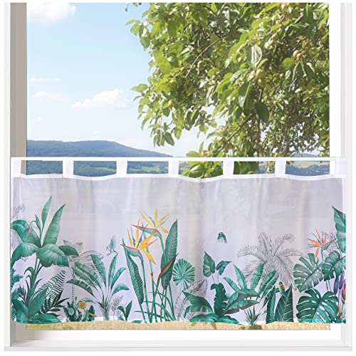 heimtexland ® Scheibengardine Palmblätter Gardine Digitaldruck HxB 45x120 Fensterdekoration Oekotex Typ789 Tropical Grün von heimtexland