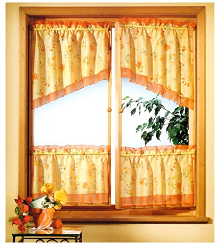 heimtexland ® Scheibengardine Set 4-teilig Fensterdekoration Flügelfenster Bistrogardine Blumen Gardine Landhaus Typ61 Gelb Terra von heimtexland