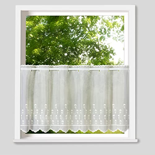 heimtexland ® Scheibengardine Voile Stickerei Tulpe Transparent Deko Gardine Landhaus Bestickt Fensterdekoration BistrogardineTyp818 Natur HxB 30 x 115 cm von heimtexland