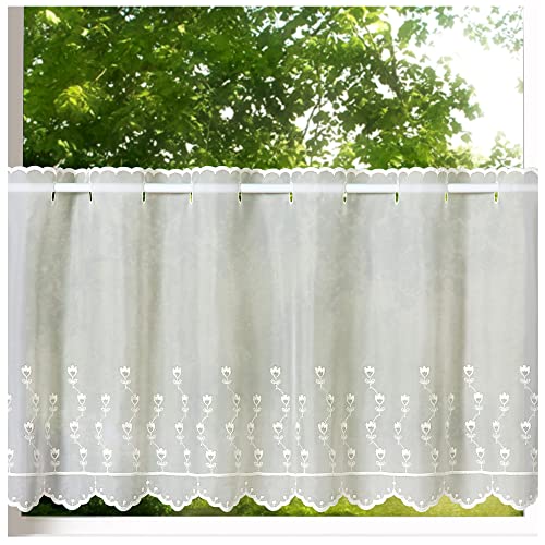 heimtexland ® Scheibengardine Voile Stickerei Tulpe Transparent Deko Gardine Landhaus Bestickt Fensterdekoration BistrogardineTyp818 Natur HxB 45 x 115 cm von heimtexland