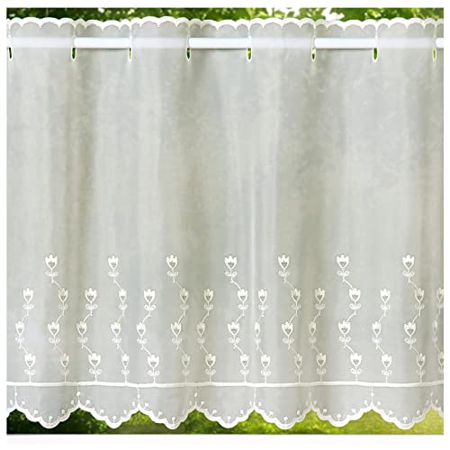 heimtexland ® Scheibengardine Voile Stickerei Tulpe Transparent Deko Gardine Landhaus Bestickt Fensterdekoration BistrogardineTyp818 Natur HxB 90 x 148 cm von heimtexland
