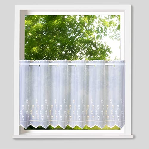 heimtexland ® Scheibengardine Voile Stickerei Tulpe Transparent Deko Gardine Landhaus Bestickt Fensterdekoration BistrogardineTyp818 Weiß - Ecru HxB 30 x 148 cm von heimtexland