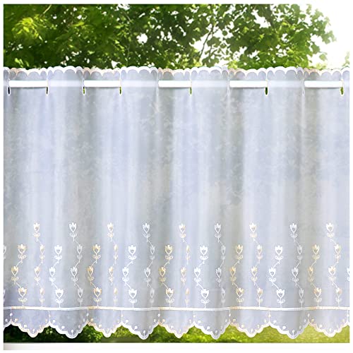 heimtexland ® Scheibengardine Voile Stickerei Tulpe Transparent Deko Gardine Landhaus Bestickt Fensterdekoration BistrogardineTyp818 Weiß - Ecru HxB 60 x 148 cm von heimtexland