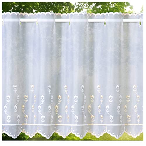 heimtexland ® Scheibengardine Voile Stickerei Tulpe Transparent Deko Gardine Landhaus Bestickt Fensterdekoration BistrogardineTyp818 Weiß - Ecru HxB 90 x 148 cm von heimtexland