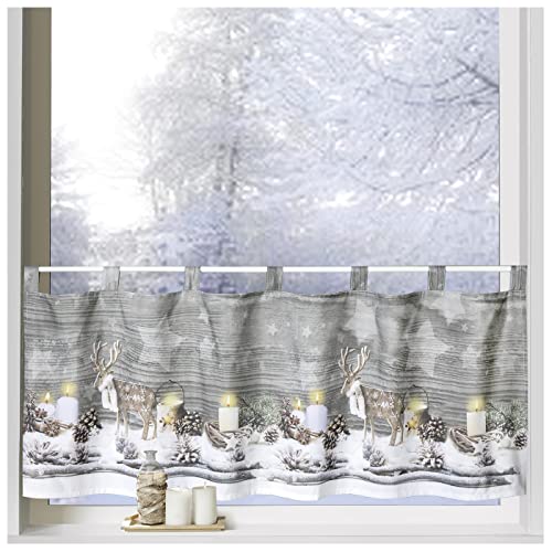 heimtexland ® Scheibengardine Weihnachten 45x120 Dekoration Fenster-Deko Weihnachts-Gardine Landhaus Hirsche Natur Typ651 von heimtexland