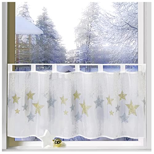 heimtexland ® Scheibengardine Weihnachten 45x120 Dekoration Fenster-Deko Weihnachts-Gardine Sterne Gold Silber Typ651 von heimtexland