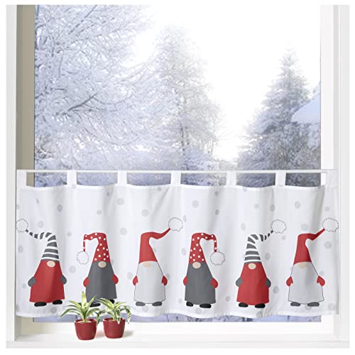 heimtexland ® Scheibengardine Weihnachten 45x120 Dekoration Fenster-Deko Weihnachts-Gardine Wichtel Rot Grau Typ651 von heimtexland