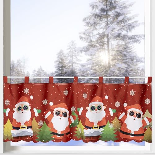 heimtexland ® Scheibengardine Weihnachten Fensterdeko Weihnachtsgardine Bedruckt Deko Gardine Satin Blickdicht rot gebogt 45x120 Advent Typ651 Santa - Rock n Roll von heimtexland