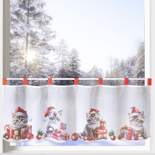 heimtexland ® Scheibengardine Weihnachten Fensterdeko Weihnachtsgardine Bedruckt Deko Gardine Voile transparent weiß rot 45x120 Advent Typ651 Katzenbabys von heimtexland