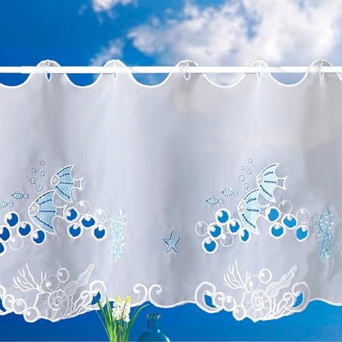 heimtexland ® Scheibengardine maritim Bestickt Badezimmer Deko Gardine weiß transparent 45x112 Panneau Typ904 Fisch von heimtexland