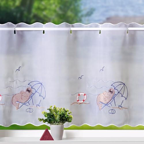 heimtexland ® Scheibengardine maritim Bestickt Badezimmer Deko Gardine weiß transparent 45x112 Panneau Typ904 Seehund von heimtexland