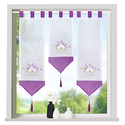 heimtexland ® Scheibengardinen Set 3-teilig Lamellen Gardine Transparent Bestickt mit Schlaufen Lila Lavendel Typ710 von heimtexland