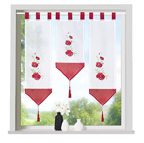 heimtexland ® Scheibengardinen Set 3-teilig Lamellen Gardine Transparent Bestickt mit Schlaufen Rot Mohnblumen Typ710 von heimtexland