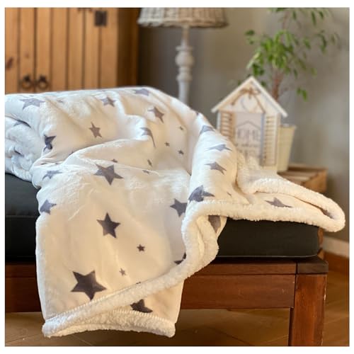 heimtexland ® Soft Touch Kuscheldecke Sterne Sherpa Plüsch XL 200x150 Ökotex Fell Wohndecke Creme Typ718 von heimtexland